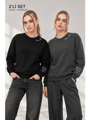 Quhox Kadın Siyah Antra 2’li Şardonlu Nakışlı Sweatshirt Seti