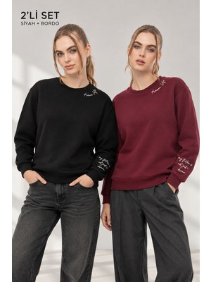 Quhox Kadın Siyah Bordo 2’li Şardonlu Nakışlı Sweatshirt Seti