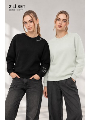 Quhox Kadın Siyah Mint 2’li Şardonlu Nakışlı Sweatshirt Seti