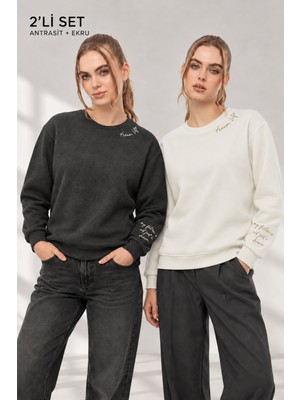 Quhox Kadın Ekru Antra 2’li Şardonlu Nakışlı Sweatshirt Seti