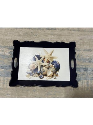 Tr Istridye Desenli El Boyaması Ahşap Çay-Kahve Tepsisi, Sunum Tepsisi, 34X24CM, Lacivert