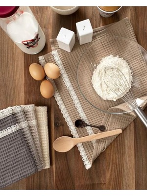 Lorenzella 6'lı Waffle Dokulu Güpürlü Pamuklu Mutfak Havlusu Seti - Çeyizlik Kurulama Bezi (4 Bej + 2 Krem)