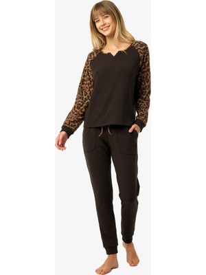 Blackspade Kadın Uzun Kollu Thermal Kahverengi Leopar Detaylı Pijama Takımı C7T2N225