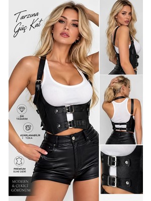 Good Miss Kadın Siyah Suni Deri Korse Harness – Tokalı Ayarlanabilir Bel ve Göğüs Aksesuarı