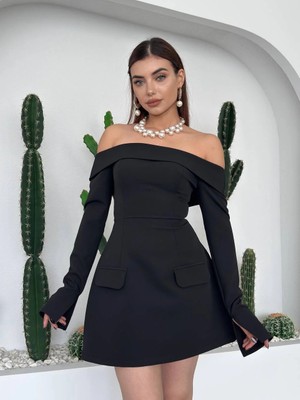 Miss Beyoğlu Karmen Yaka Cepli Mini Elbise - Uzun Kollu Kadın Elbise
