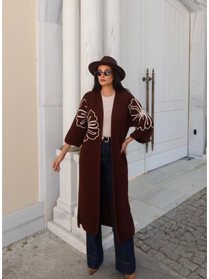 Miss Beyoğlu Çiçek Işlemeli Uzun Triko Hırka