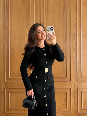 Miss Beyoğlu Gold Düğmeli Triko Elbise - Cepli Kemerli