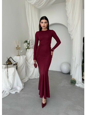 Miss Beyoğlu Büzgülü Balık Elbise - Uzun Kollu Sırt Fermuarlı Kadın Elbise