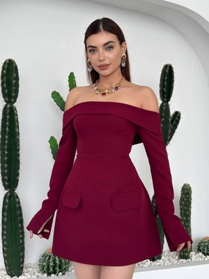 Miss Beyoğlu Karmen Yaka Cepli Mini Elbise - Uzun Kollu Kadın Elbise