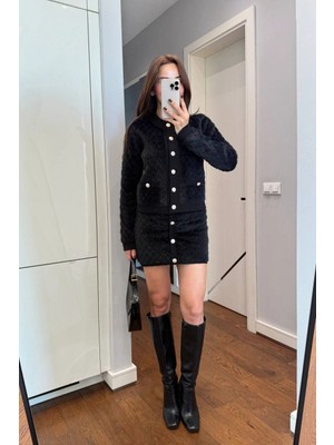 Miss Beyoğlu Düğmeli Kapitone Tüylü Hırka Mini Etek Takım - Kadın Takım
