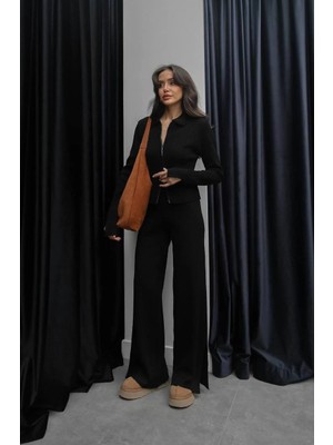 Miss Beyoğlu Fermuarlı Gömlek Yaka Ribana Triko Takım - Geniş Paça Pantolonlu Kadın Takım