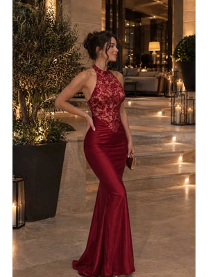 Miss Beyoğlu Dantel Üst Detaylı Saten Maxi Abiye Elbise - Bordo