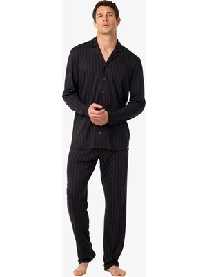 Blackspade Erkek Önden Düğmeli Uzun Kollu Çizgili Siyah Pijama Takımı C7T5N904