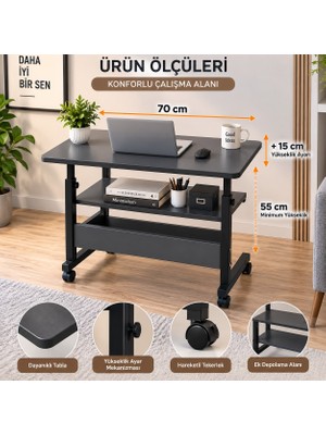 Homedora Ayarlanabilir Yükseklikli Tekerlekli Laptop Sehpası, Ek Raflı Koltuk Yanı Çalışma Masası 70X40 cm