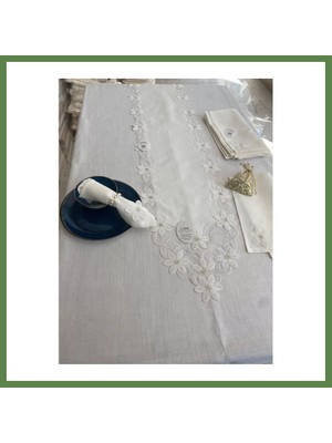 Bezos Sofra Takımı Evita Gardenya Keten Yemek Takımı 160X260 Masa Seti 26 Parça Runner Set Krem HB006