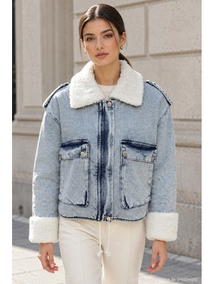 Quhox Kadın Kürk Yakalı Cepli Oversize Denim Ceket