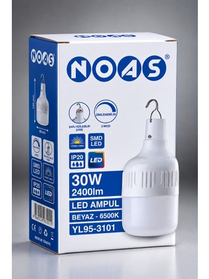 Noas YL95-3101 30W Şarj Edilebilir USB LED Ampul 2400 Lümen 6500K Beyaz 3 Modlu Askılı