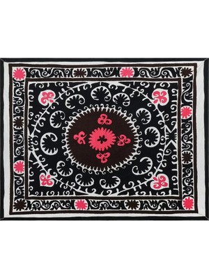 Etnik Bulvar Suzani Ipek Siyah Masa Örtüsü 125 x 158 cm