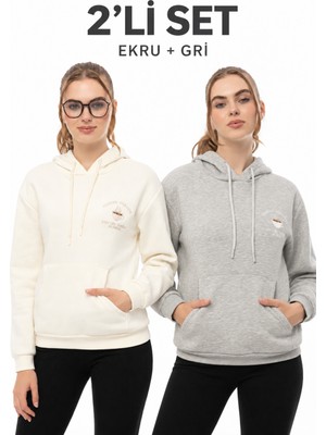 Quhox Kahve Molası 2’li Sweatshirt Seti – Ekru & Gri