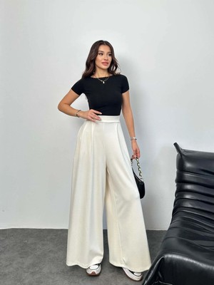 Hatun Atila Arka Beli Lastikli Pili Detaylı Modal Kumaş Geniş Paça Palazzo Pantolon 8903 - Beyaz