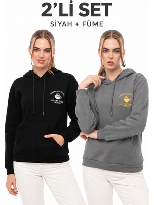 Quhox Kahve Molası 2’li Sweatshirt Seti – Siyah & Füme