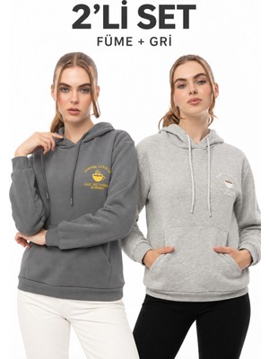 Quhox Kahve Molası 2’li Sweatshirt Seti – Gri & Füme