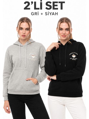 Quhox Kahve Molası 2’li Sweatshirt Seti – Gri & Siyah