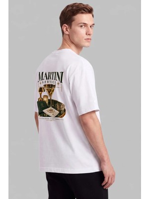 Black Nova Oversize Baskılı Unisex Tişört Martini Service Beyaz
