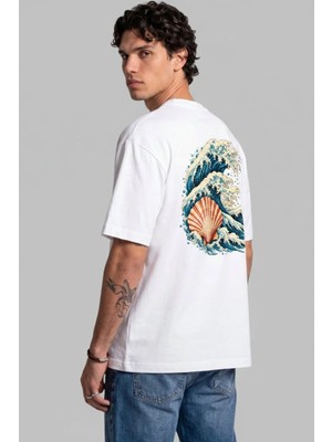 Black Nova Oversize Baskılı Unisex Tişört Ocean Shell Beyaz