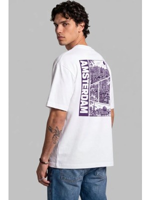 Black Nova Oversize Baskılı Unisex Tişört Amsterdam Stamp Beyaz