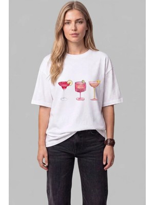 Black Nova Oversize Baskılı Unisex Tişört Pink Cocktail Hour Beyaz