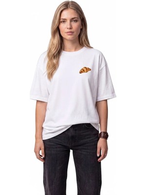 Black Nova Oversize Baskılı Unisex Tişört Croissant Club Beyaz