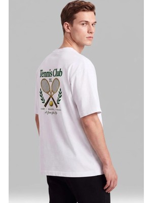 Black Nova Oversize Baskılı Unisex Tişört Tennis Club Beyaz