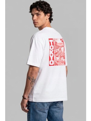 Black Nova Oversize Baskılı Unisex Tişört Tokyo Stamp Beyaz