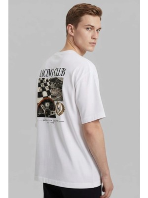 Black Nova Oversize Baskılı Unisex Tişört Racing Club Beyaz