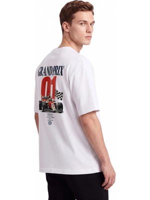 Black Nova Oversize Baskılı Unisex Tişört Grand Prix Beyaz