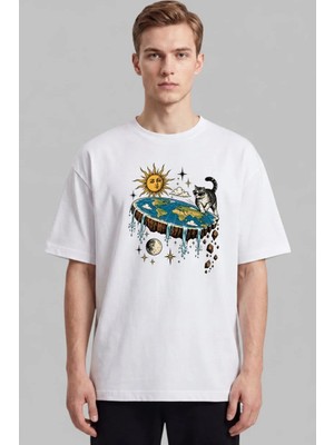 Black Nova Oversize Baskılı Unisex Tişört Flat Earth Club Beyaz