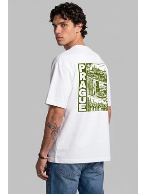 Black Nova Oversize Baskılı Unisex Tişört Prague Stamp Beyaz