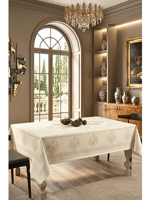 Elegancev Jakarlı Kumaş Dikdörtgen Masa Örtüsü - 110 cm x 160 cm -Krem Renk