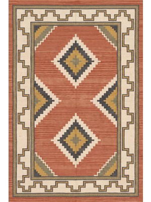 Rugzella Boho Basamaklı Geometrik Kiremit Krem Hardal Desenli Bohem Salon Yıkanabilir Halı