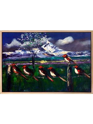 Simurg Sanatevi Çitteki Kuşlar Yağlı Boya Tablosu - Tuval Üzerine El Yapımı - 60 x 40 cm