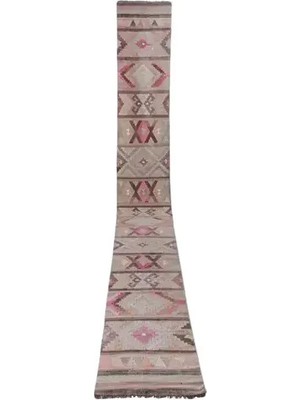 Etnik Bulvar Yün Kahverengi El Dokuması Kilim 81 x 660 cm