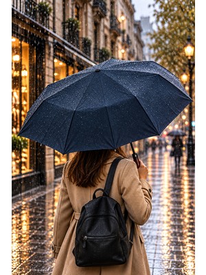 Biggdesign Moods Up Premium Ahşap Saplı Lacivert Otomatik Şemsiye, Rüzgara Dayanıklı, Hızlı Kuruyan