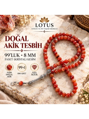 Lotus Atölye ve İyi Yaşam Merkezi %100 Doğal Akik Tesbih – 99'luk 8 mm Faset (Kristal) Kesim Özel Tasarım