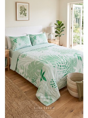 Sleep Garden Palvena Yeşil Yaprak Desenli Kapitoneli Yatak Örtüsü Seti
