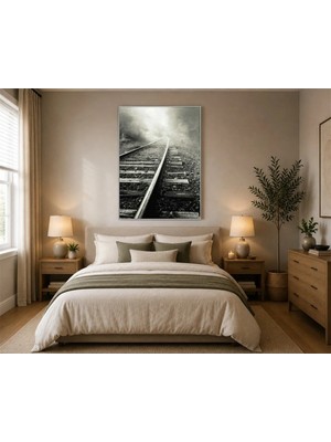 Rose Light Demiryolu Rayları Sisli Arka Planlı Duvar Dekoru Ahşap Mdf Baskı Salon, Yatak Odası, Çocuk Odası, Ofis Duvar Tablosu Mdf Tablo