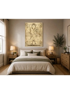 Rose Light Dünya Haritası Iki Yarı Küresel Karakalem Görünümlü Duvar Dekoru Ahşap Mdf Baskı Salon, Yatak Odası, Çocuk Odası, Ofis Duvar Tablosu Mdf T