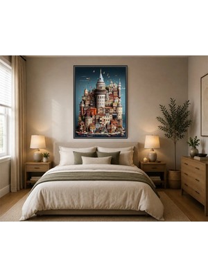 Rose Light Istanbul'da Minyatür Şehir Duvar Tablosu Duvar Dekoru Ahşap Mdf Baskı Salon, Yatak Odası, Çocuk Odası, Ofis Duvar Tablosu Çerçeve Görünüml