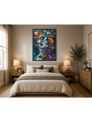 Rose Light Kemik ve Çiçek Motifiyle Duvar Dekoru Ahşap Mdf Baskı Salon, Yatak Odası, Çocuk Odası, Ofis Duvar Tablosu Çerçeve Görünümlü Mdf Tabl
