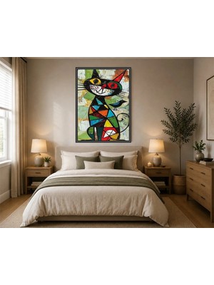 Rose Light Kedi ve Kuş Motifiyle Geometrik Soyut Sanat Duvar Dekoru Ahşap Mdf Baskı Salon, Yatak Odası, Çocuk Odası, Ofis Duvar Tablosu Çerçeve Görün